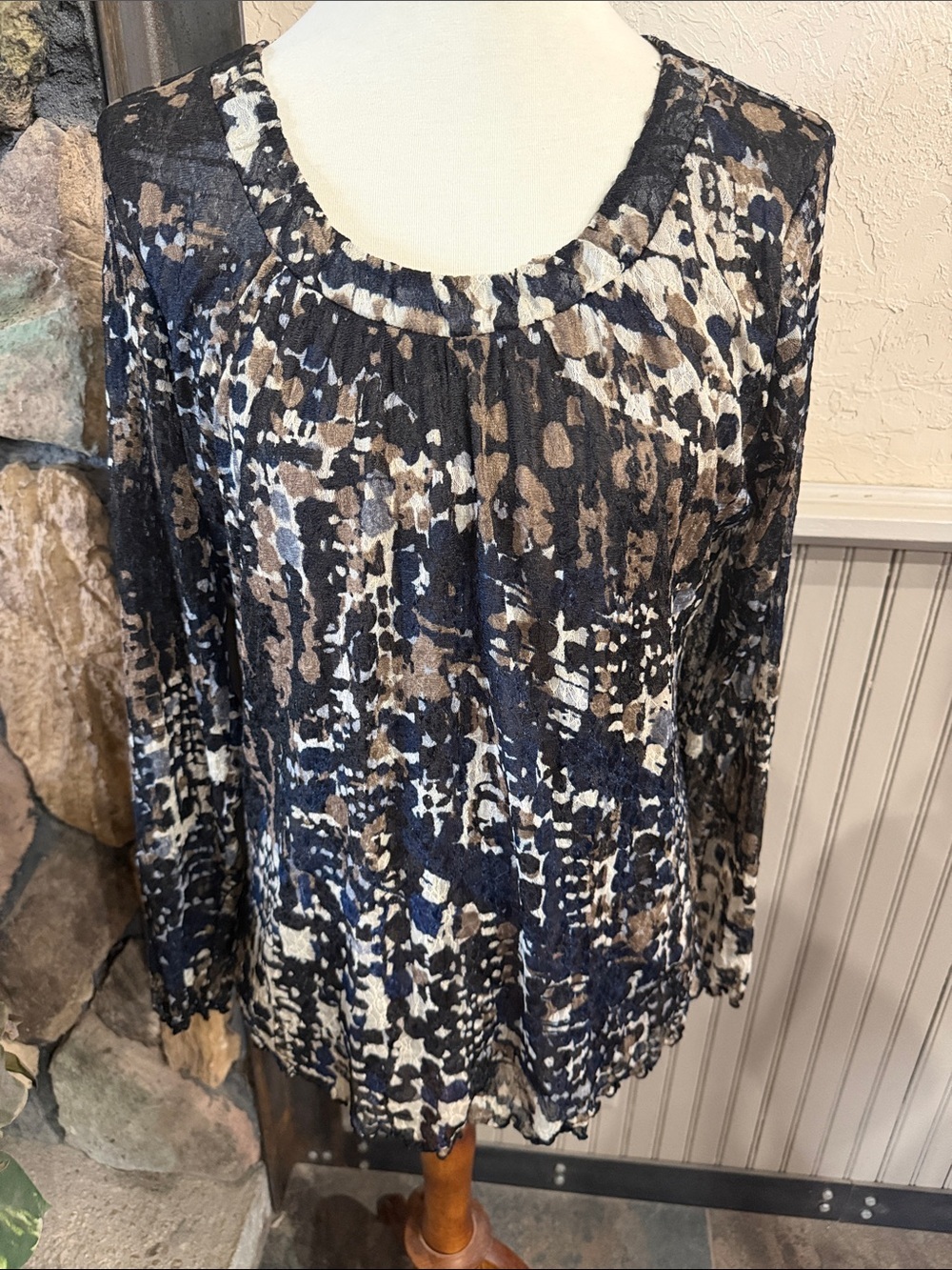 Christopher & Banks Navy, Black & Brown Printed Scoop Neck Blouse